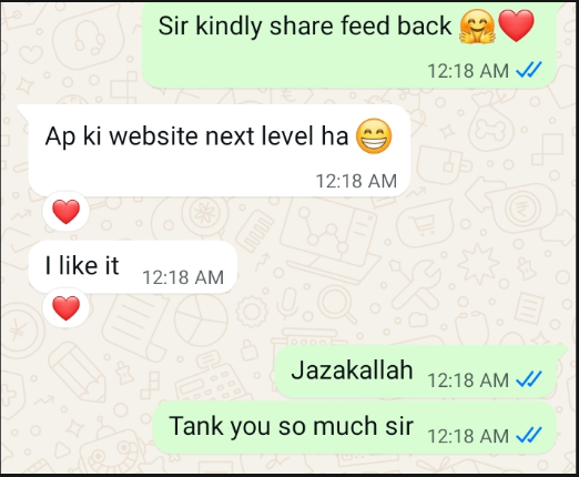 WhatsApp review from a Sami Studios client — 'Ap ki website next level ha'
